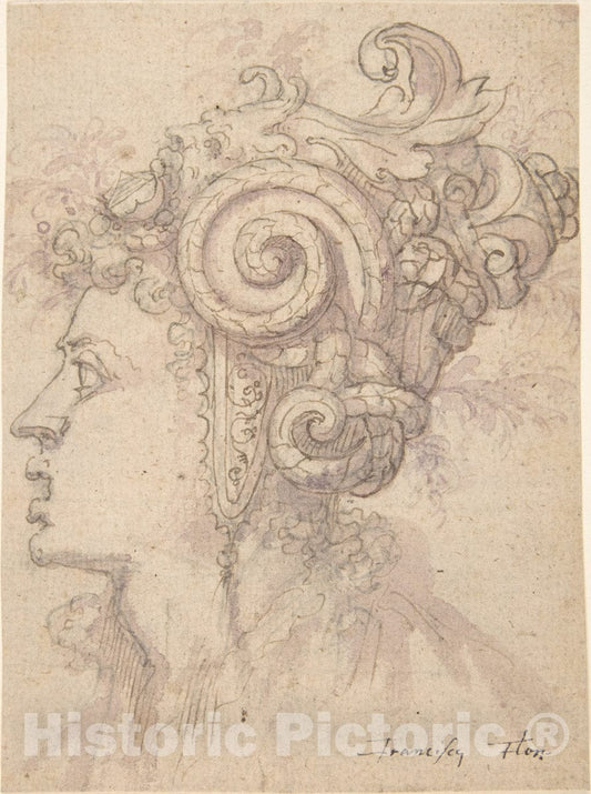 Art Print : Circle of Francesco Salviati (Francesco de' Rossi) - Head of a Woman with Helmet Looking Left : Vintage Wall Art