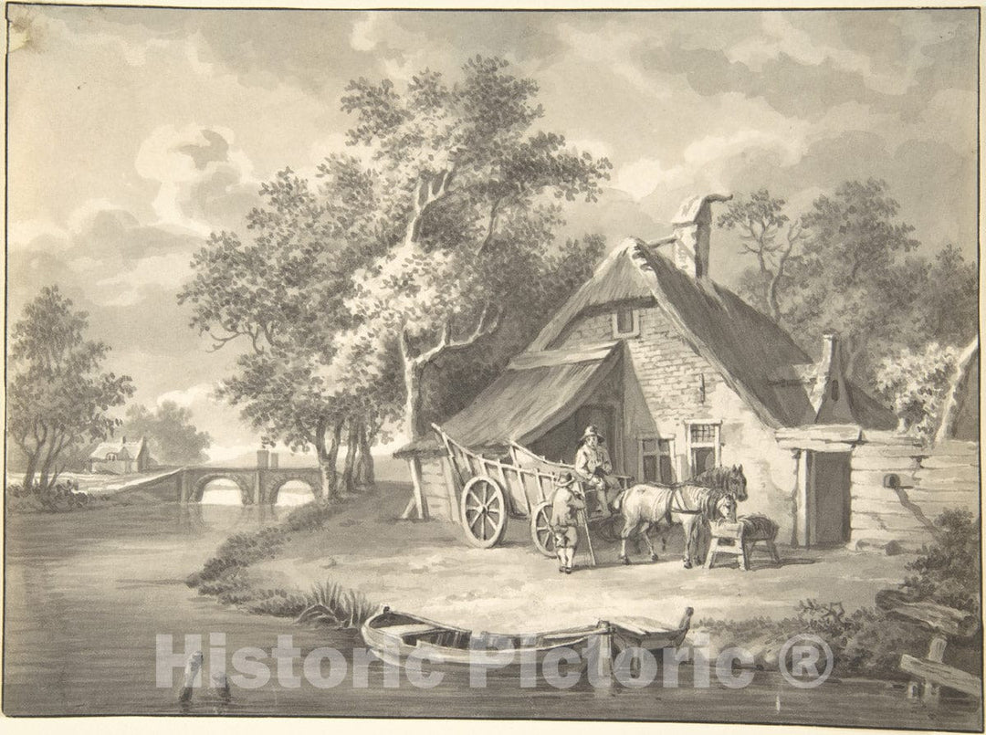 Art Print : British, 19th Century - A Haywagon in Front of a Cottage Beside a Stream : Vintage Wall Art