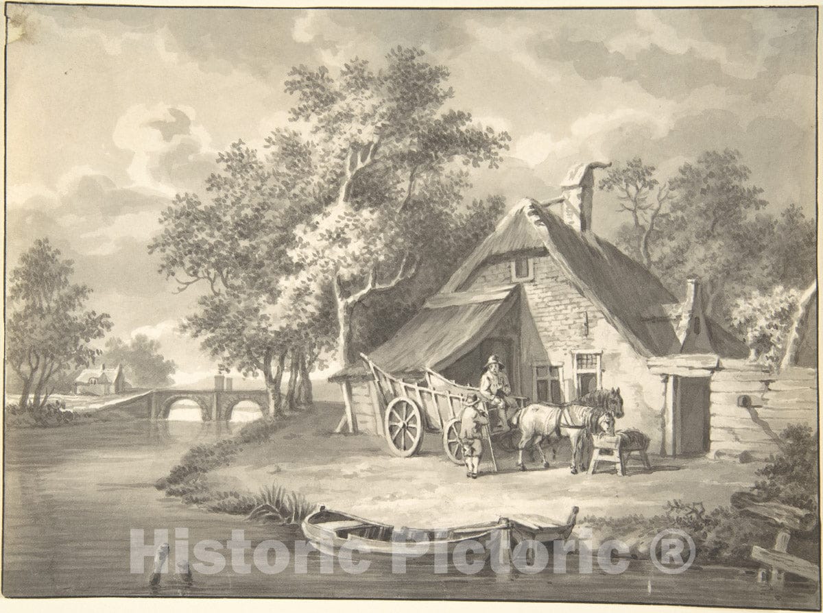 Art Print : British, 19th Century - A Haywagon in Front of a Cottage Beside a Stream : Vintage Wall Art