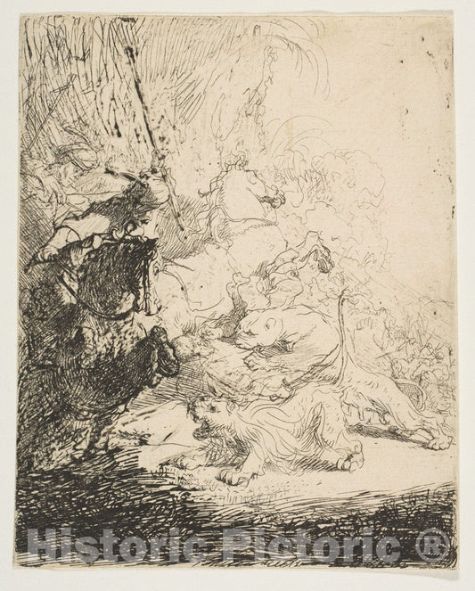 Art Print : Rembrandt (Rembrandt Van Rijn) - The Small Lion Hunt, with Two Lions : Vintage Wall Art