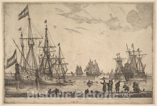 Art Print : Reinier Nooms, Called Zeeman - Four Sailing Vessels Near a Breakwater : Vintage Wall Art