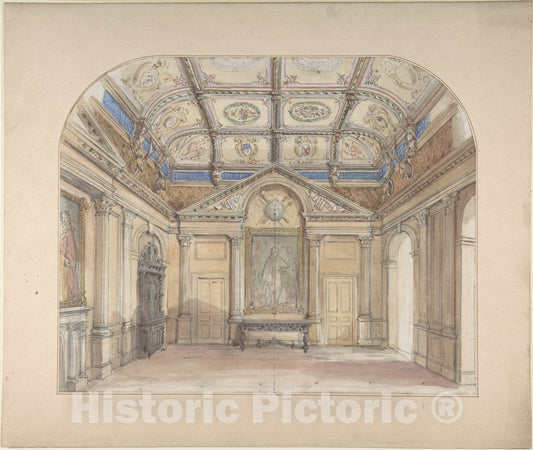 Art Print : John Gregory Crace - Interior with coffered Ceiling and Corinthian Order Applied to Walls : Vintage Wall Art