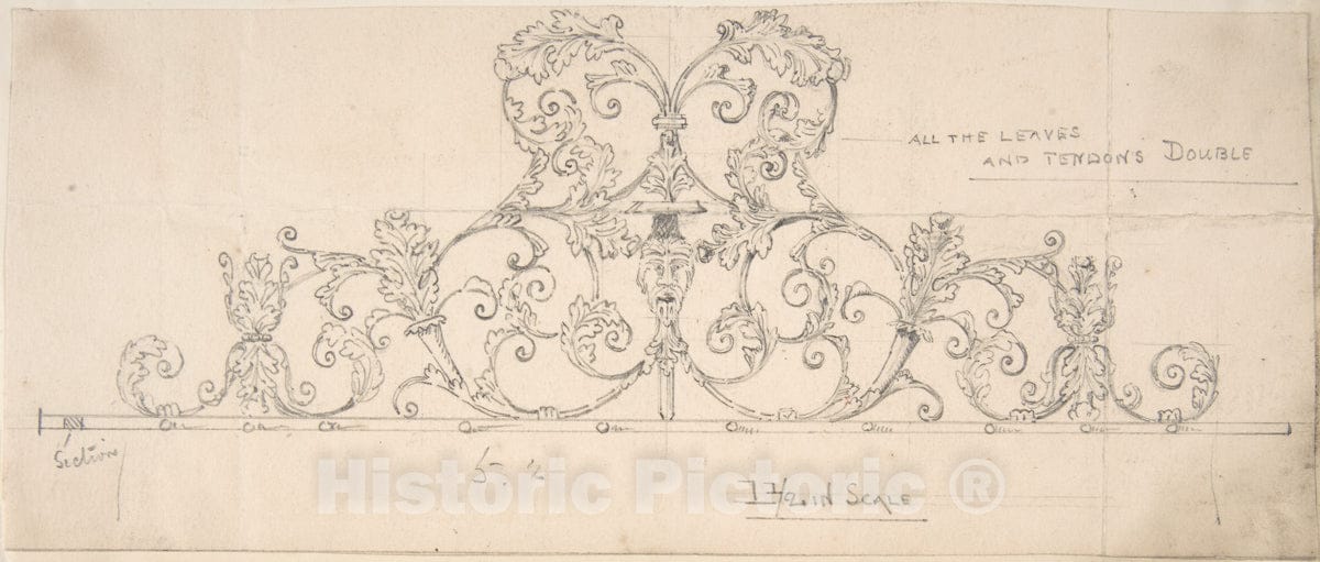 Art Print : British, 19th Century - Wrought Metal Foliate Ornament with Grotesque Masks 2 : Vintage Wall Art
