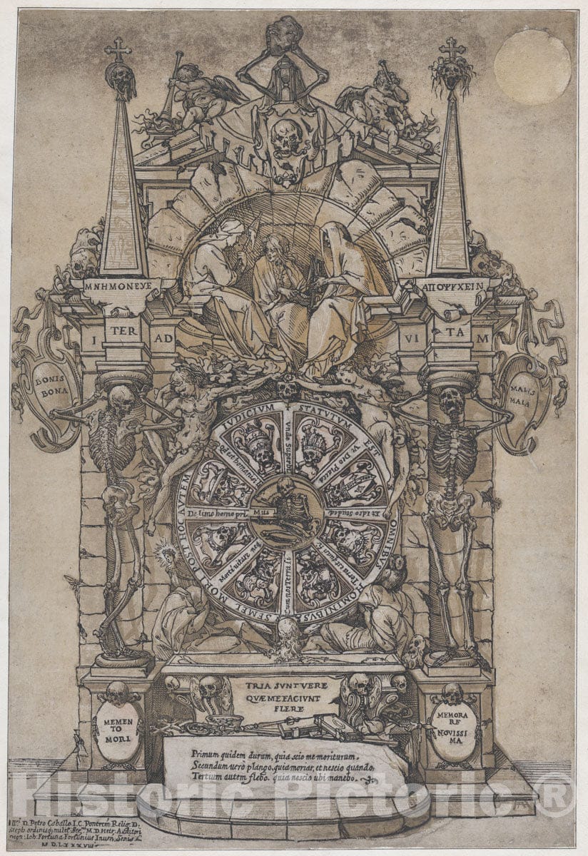 Art Print : Triumph of Death with Three Fates in an Architectural Frame Above a Wheel of Fortune flanked by Skeletons - Artist: Andrea Andreani - 1588 : Vintage Wall Art