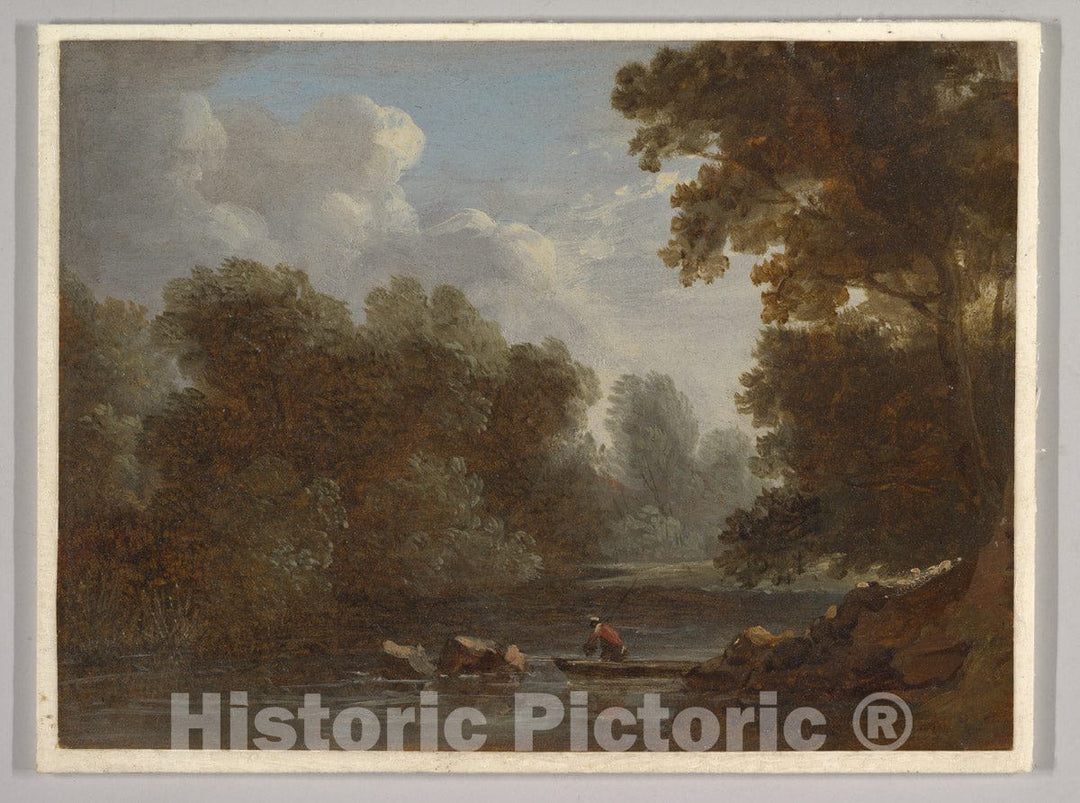 Art Print : Benjamin Barker, The Younger - A Wooded River Landscape with a Fisherman in a Boat : Vintage Wall Art