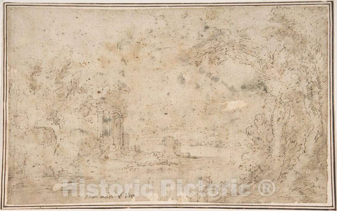 Art Print : Italian, Roman-Bolognese, 17th Century - Landscape with Ruins : Vintage Wall Art
