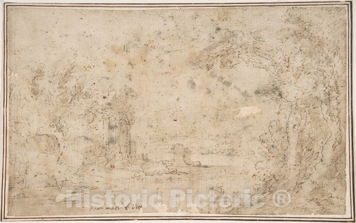 Art Print : Italian, Roman-Bolognese, 17th Century - Landscape with Ruins : Vintage Wall Art