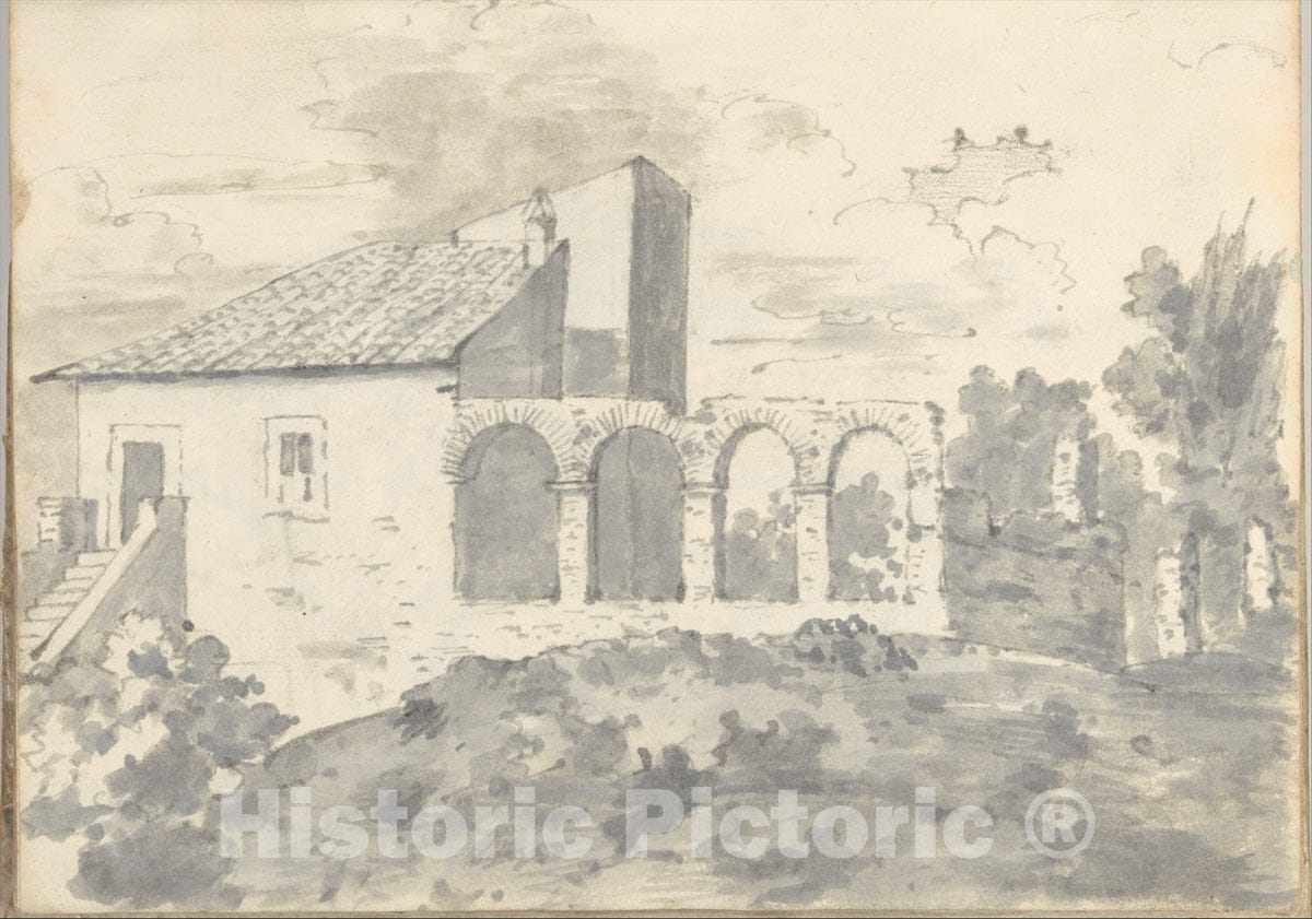 Art Print : Joseph Wright (Wright of Derby) - Tile Roofed Building with an Arcade (Smaller Italian Sketchbook, Leaf 31 Recto) : Vintage Wall Art