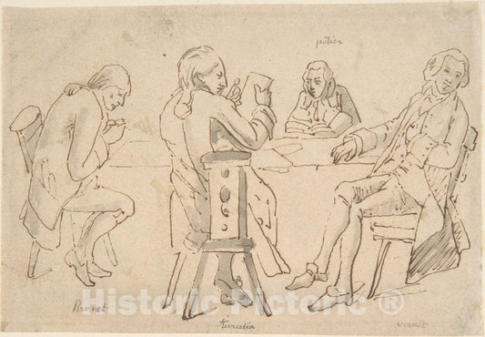 Art Print : Carle (Antoine Charles Horace) Vernet - Four Artists Seated at a Table (Brunet, Potier, Tiercetin ?, Vernet) : Vintage Wall Art