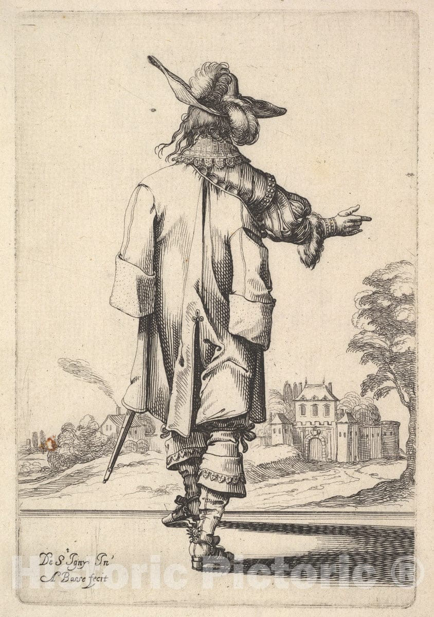 Art Print : Abraham Bosse - A Gentleman, seen from Behind, with his Right arm Outstretched and a Cloak Over his Left Shoulder : Vintage Wall Art