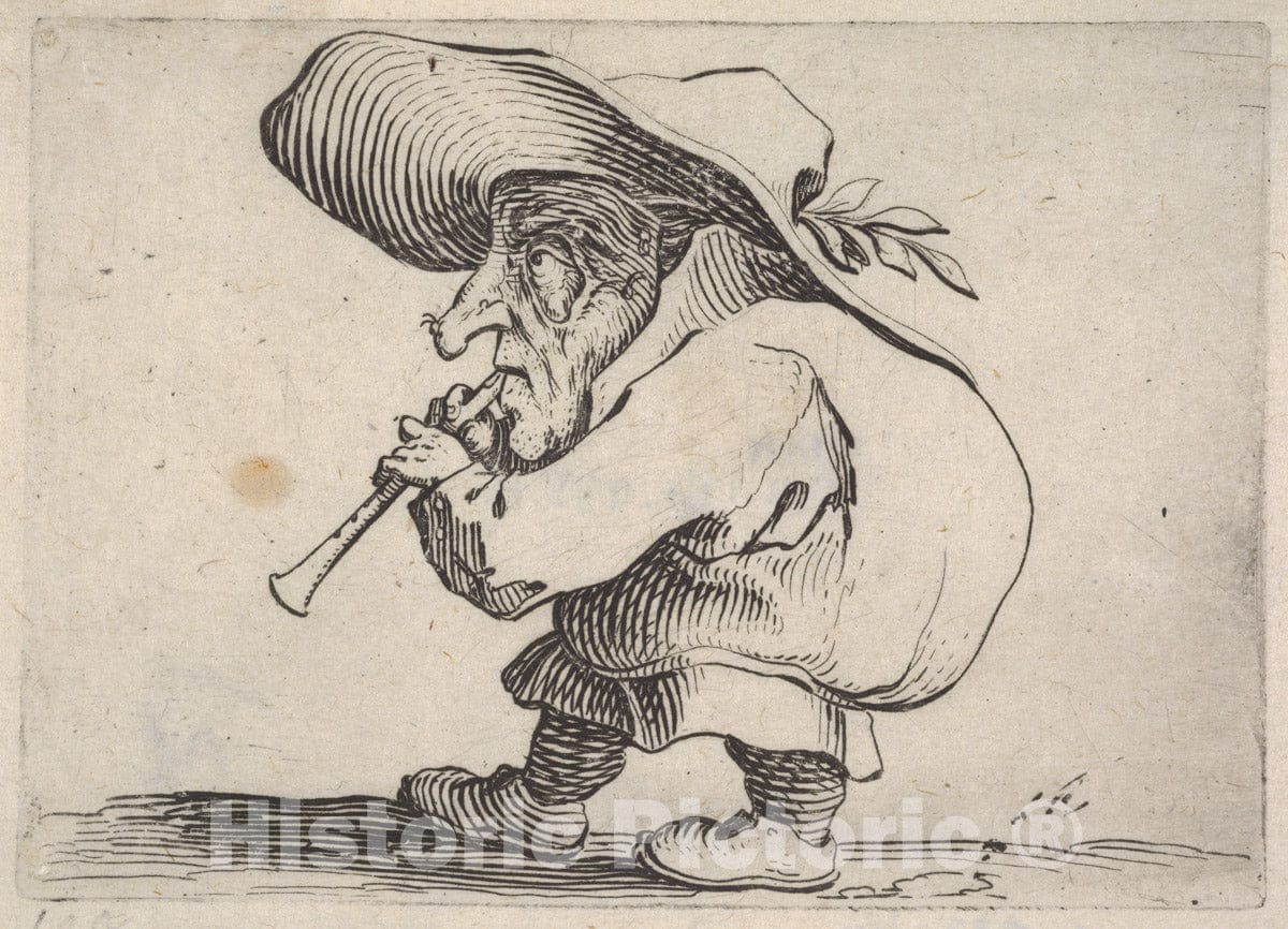 Art Print : Jacques Callot - Small Male Figure Playing a Wind Instrument, in Profile View, from The Series 'Varie Figure gobbi' : Vintage Wall Art