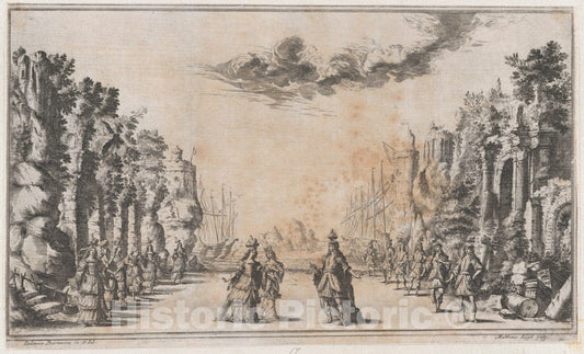 Art Print : A Man and Two Women conversing at Center - Artist: Ludovico Ottaviano Burnacini - Created: 1668 : Vintage Wall Art