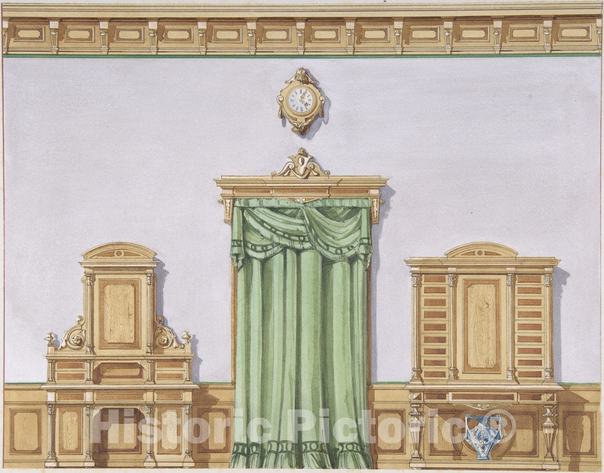 Art Print : British, 19th Century - Interior Design with a Central Door Covered by Green Drapery and Two Cabinets : Vintage Wall Art