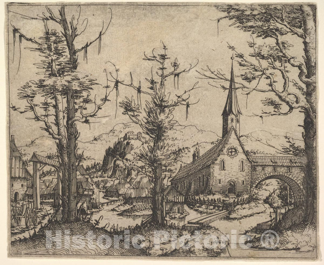 Art Print : Augustin Hirschvogel - Landscape with Small Church and Arch Over Stream : Vintage Wall Art