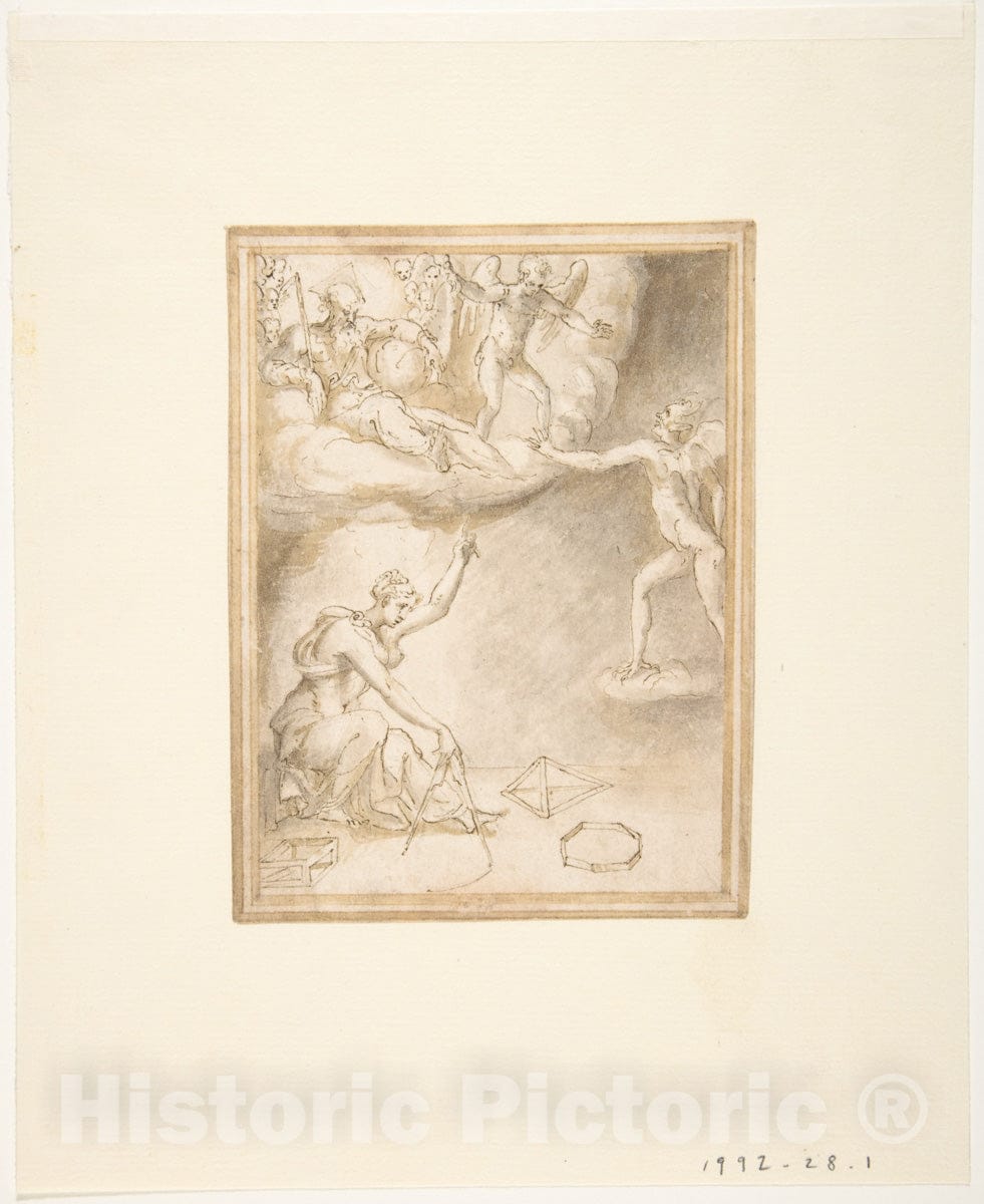Art Print : Prospero Fontana - an Allegory: Female Figure with a Compass, God The Father Seated on Clouds, and a Demon : Vintage Wall Art