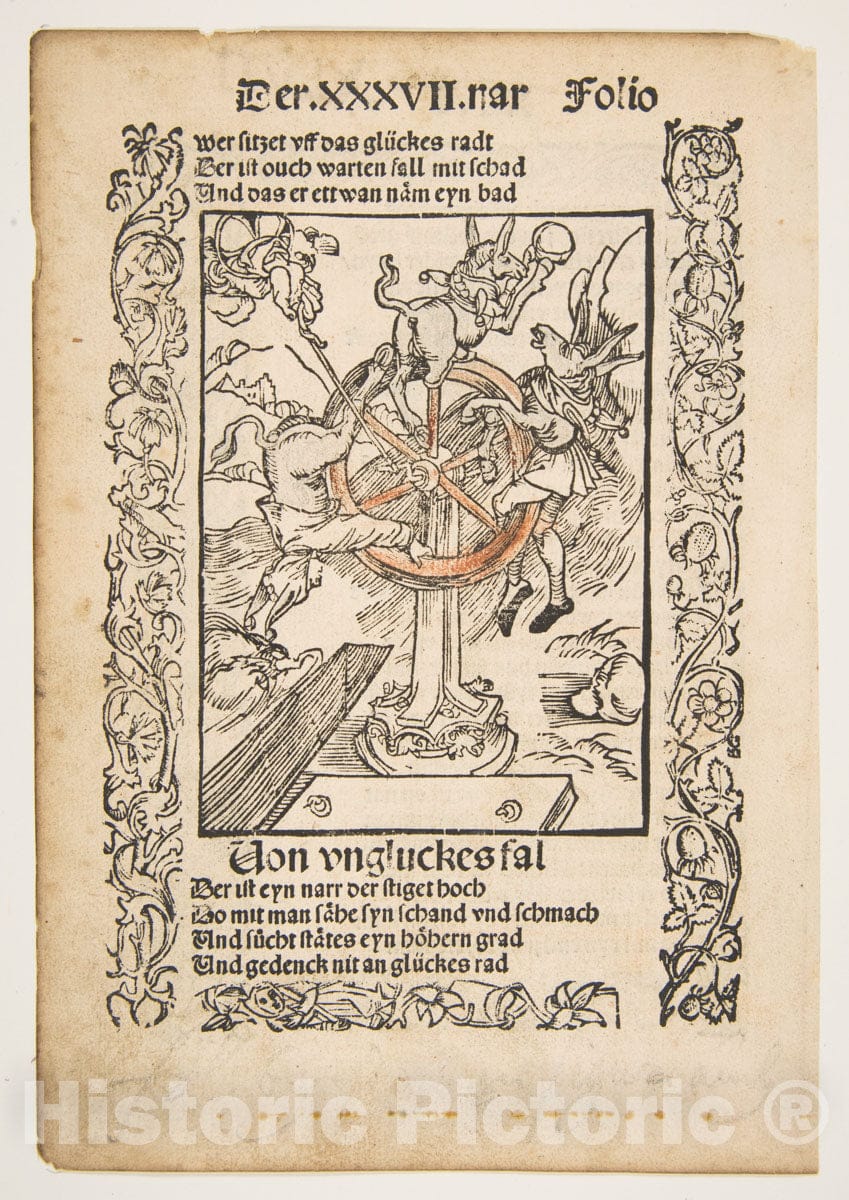 Art Print : Albrecht Dürer - Von Ungluckes FAL, Title Page Chapter 37 from Sebastian Brandt, Das Narrenschrift : Vintage Wall Art