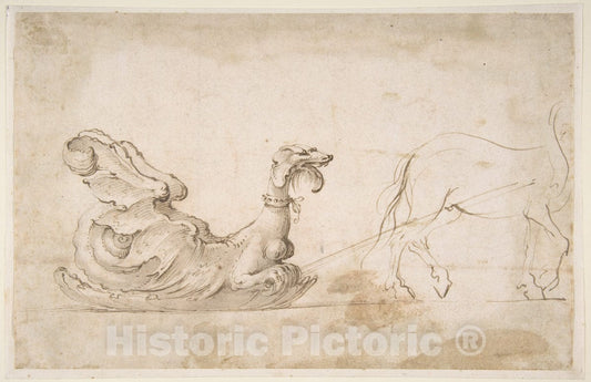 Art Print : Stefano Della Bella - Design for A Sleigh in The Form of a Griffin, Drawn by a Horse. : Vintage Wall Art