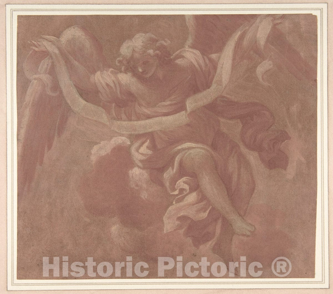 Art Print : Antonio Franchi (Il Lucchese) - Angel Holding a Banderole : Vintage Wall Art