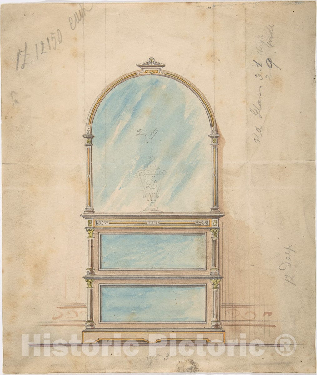 Art Print : British, 19th Century - Design for a Mirror-Fronted Cabinet Topped with a Mirror : Vintage Wall Art