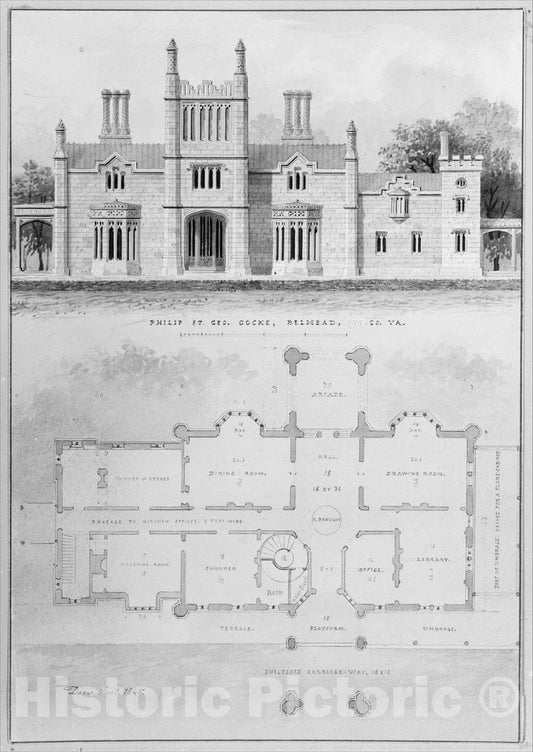 Art Print : Alexander Jackson Davis - Belmead, for Philip St. George Cocke, Powhatan Co, Virginia (Elevation and Plan) : Vintage Wall Art