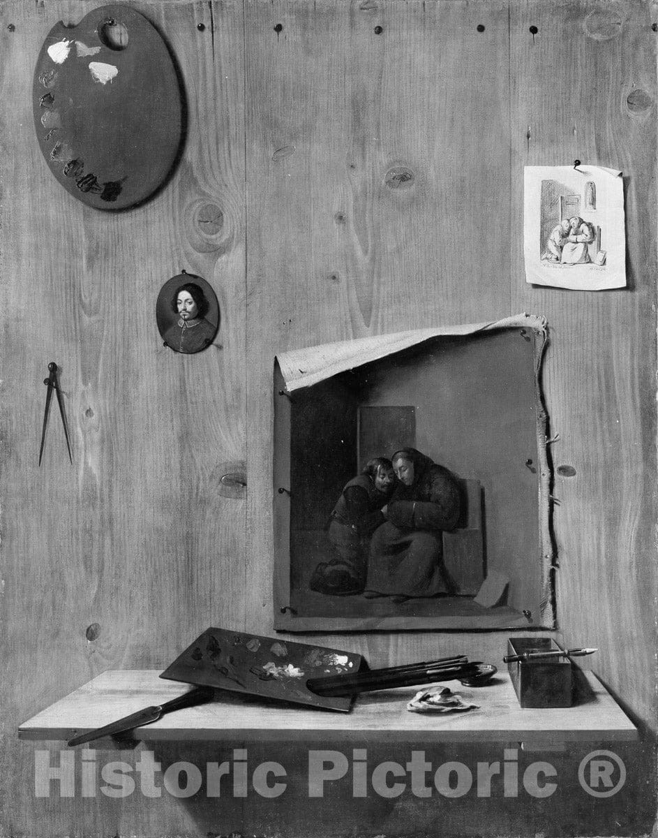 Art Print : Jean François de Le Motte - Trompe L'Oeil with Palettes and Miniature : Vintage Wall Art