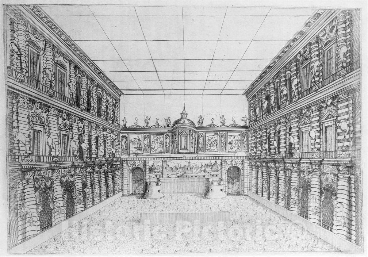 Art Print : Orazio Scarabelli  - Court of Palazzo Pitti decorated with Candelabra : Vintage Wall Art