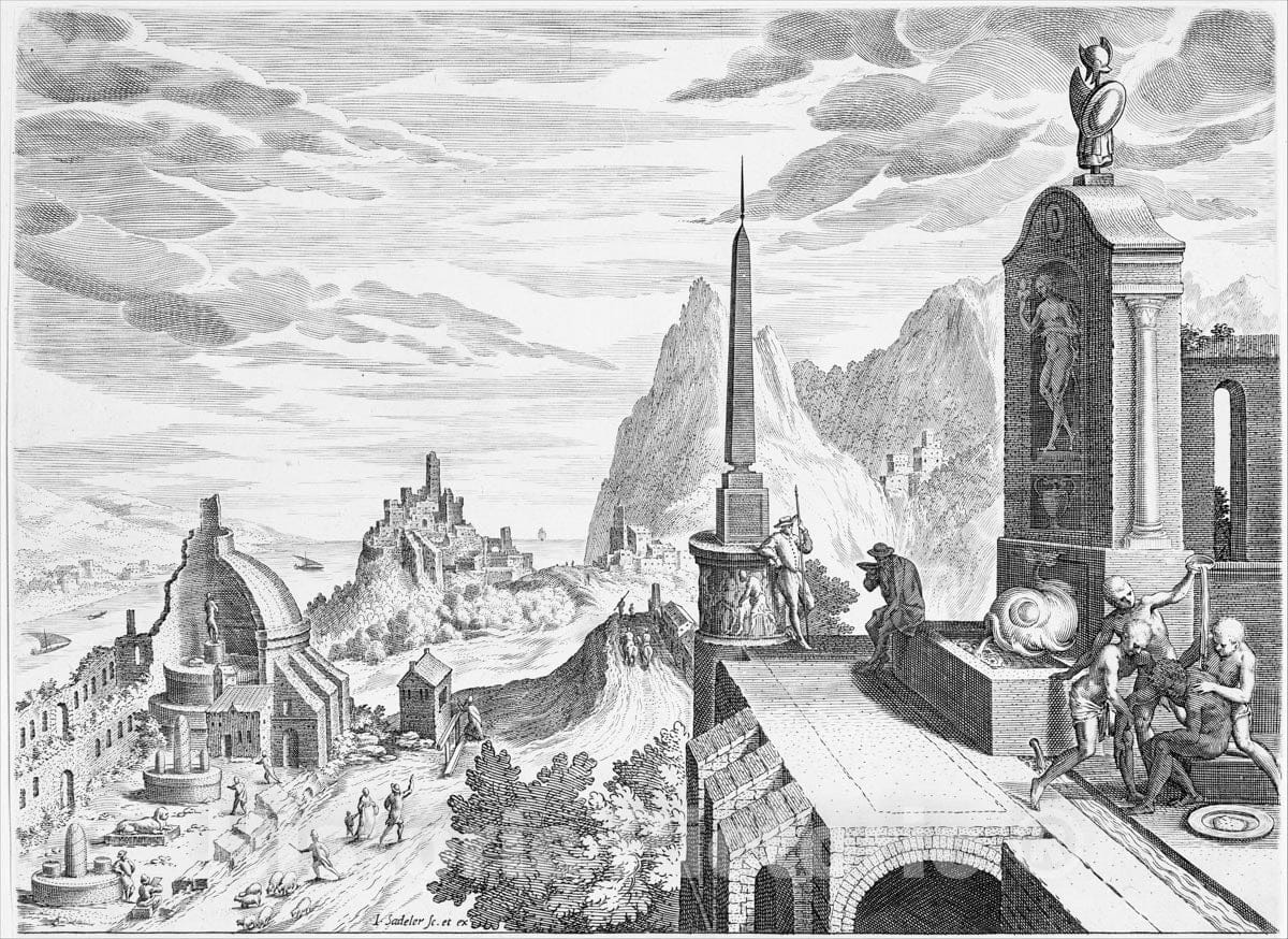 Art Print : Johann Sadeler I - Rocky Landscape with Antique Buildings : Vintage Wall Art