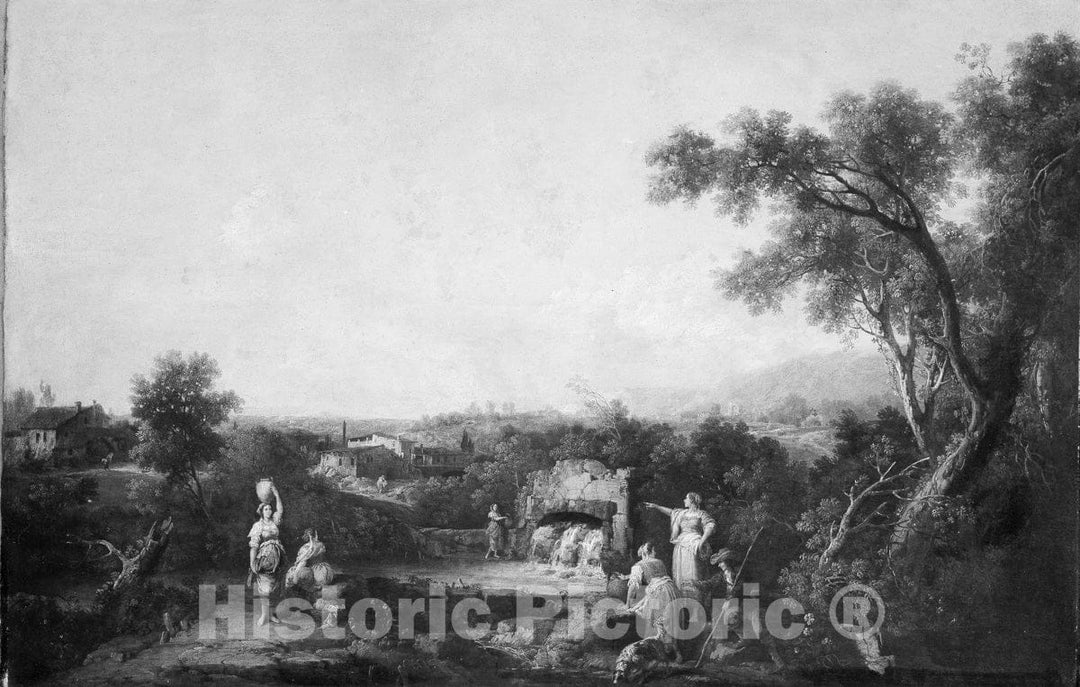 Art Print : Francesco Zuccarelli - Landscape with Peasants at a Fountain : Vintage Wall Art