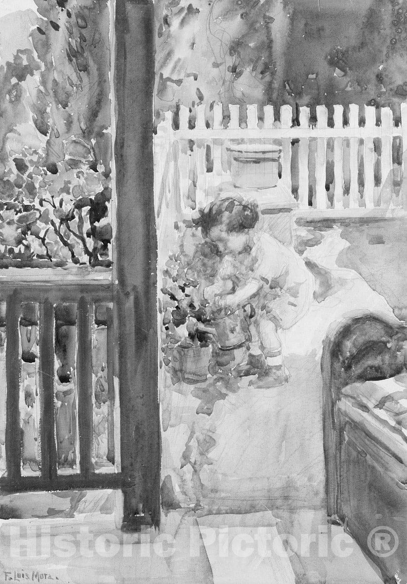 Art Print : F. Luis Mora - Daughter Rosemary Watering Plants, Gaylordsville, Connecticut : Vintage Wall Art
