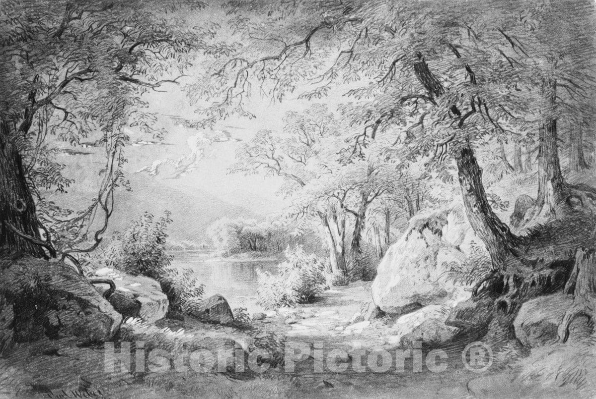 Art Print : Paul Weber - Wooded Landscape with Lake and Mountains (from The Cropsey Album) : Vintage Wall Art