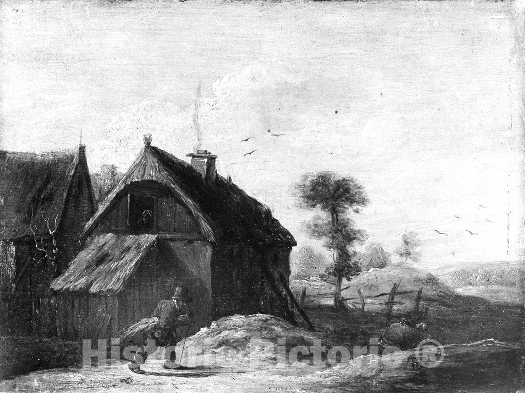Art Print : Workshop of David Teniers The Younger - Landscape with Thatched Cottages : Vintage Wall Art