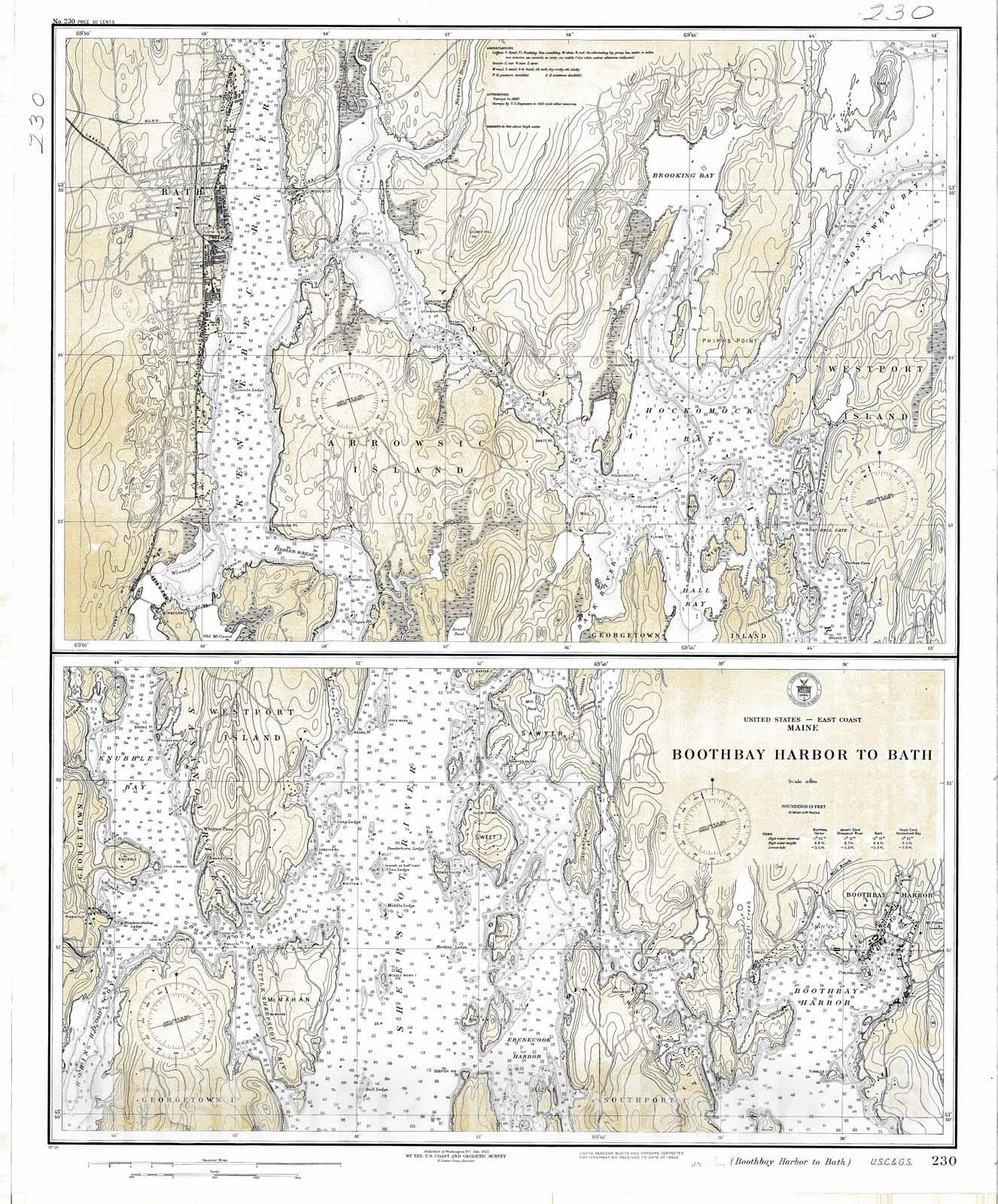 Historic Nautical Map - Boothbay Harbor To Bay, 1922 NOAA Chart - Vintage Wall Art