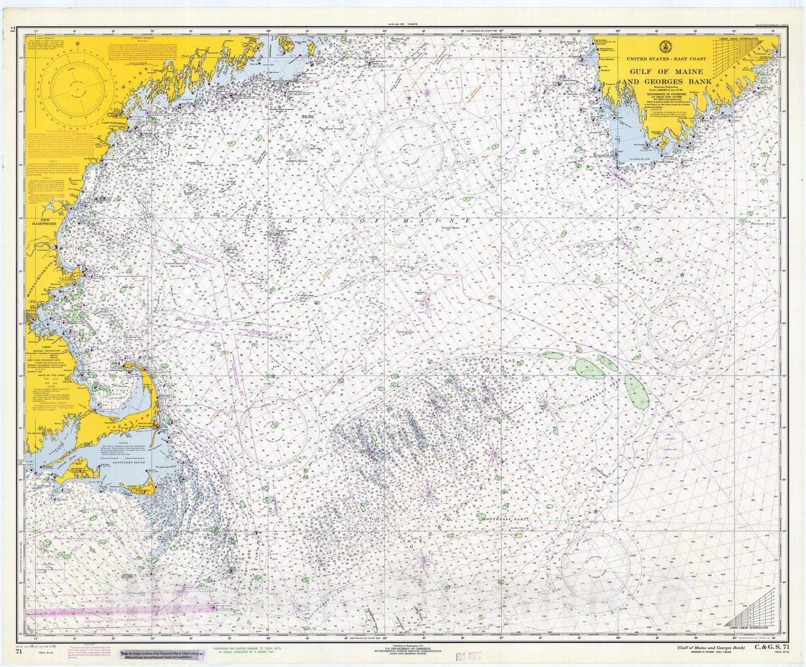 Historic Nautical Map - Gulf Of Maine And Georges Bank, 1970 NOAA Chart - Vintage Wall Art