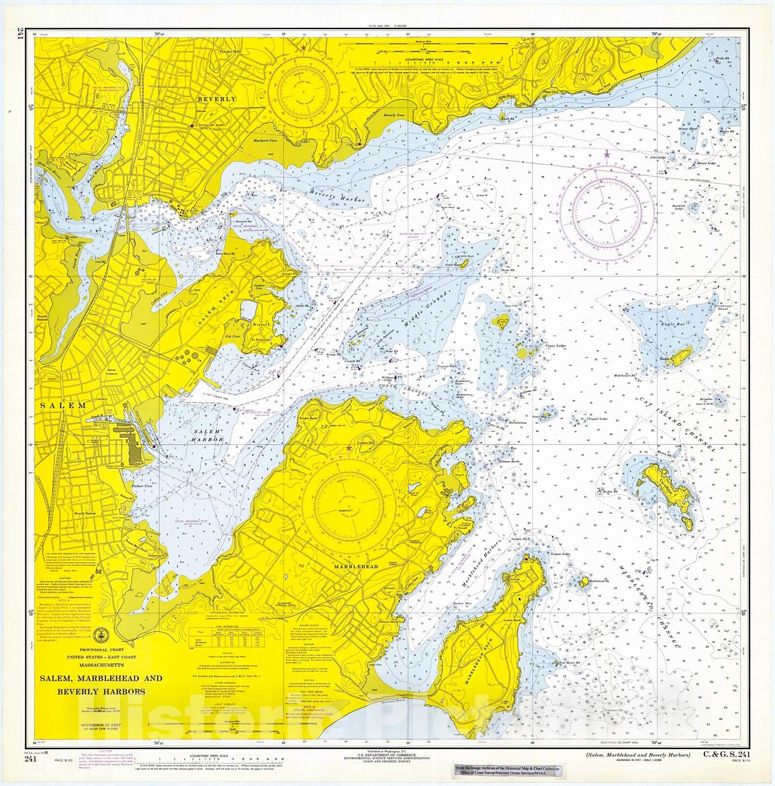 Historic Nautical Map - Salem, Marblehead And Beverly Harbors, Massachusetts, 1969 NOAA Chart - Vintage Wall Art