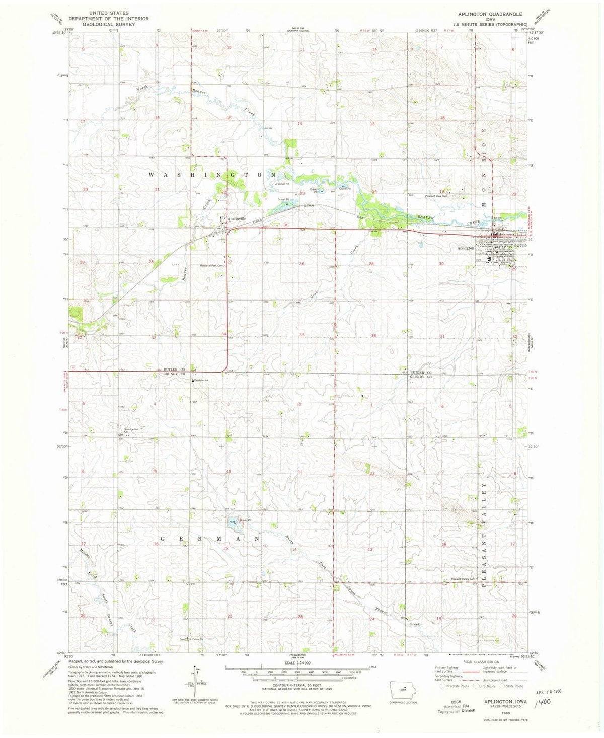 1980 Aplington, IA - Iowa - USGS Topographic Map