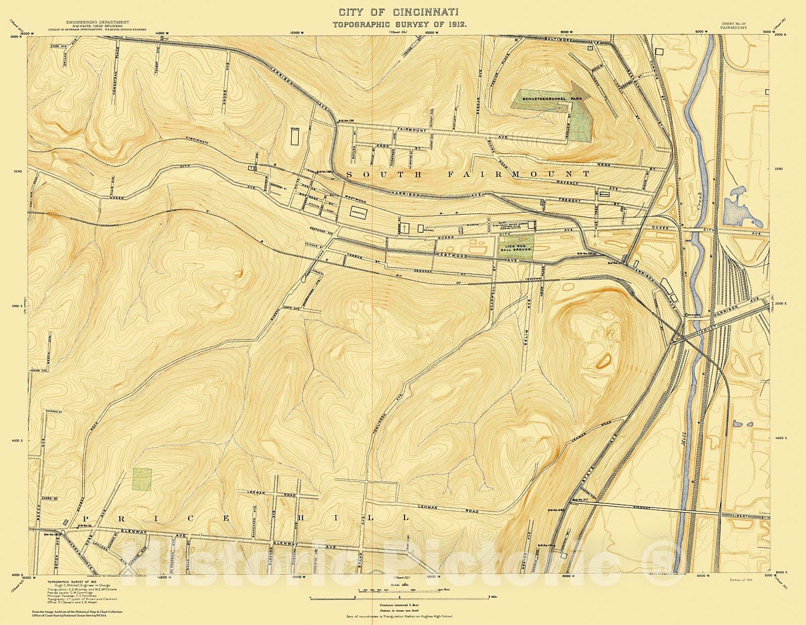 Historic Nautical Map - City Of Cincinnati, Sheet 33, 1912 NOAA Topographic - Vintage Wall Art