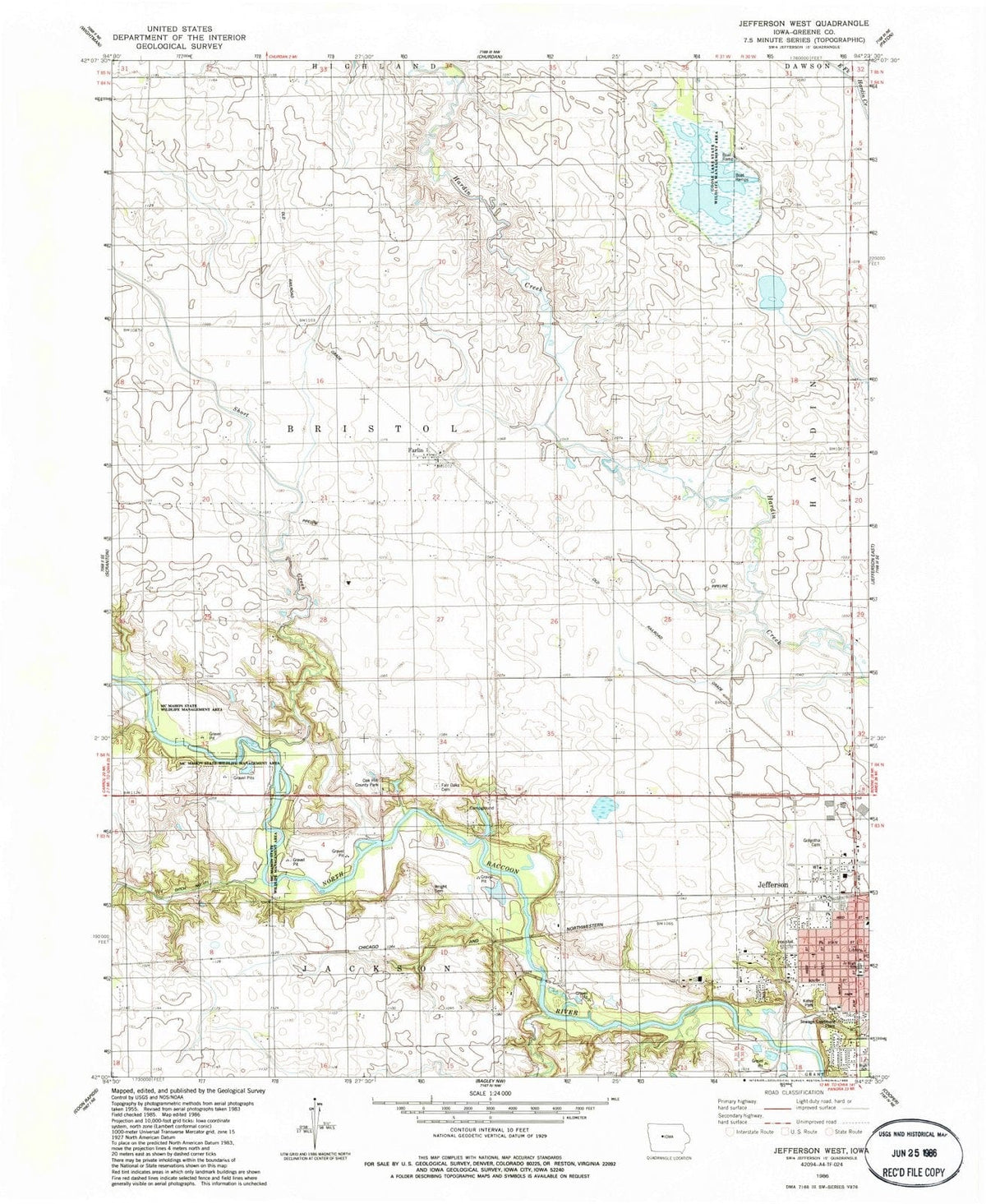 1986 Jefferson West, IA - Iowa - USGS Topographic Map