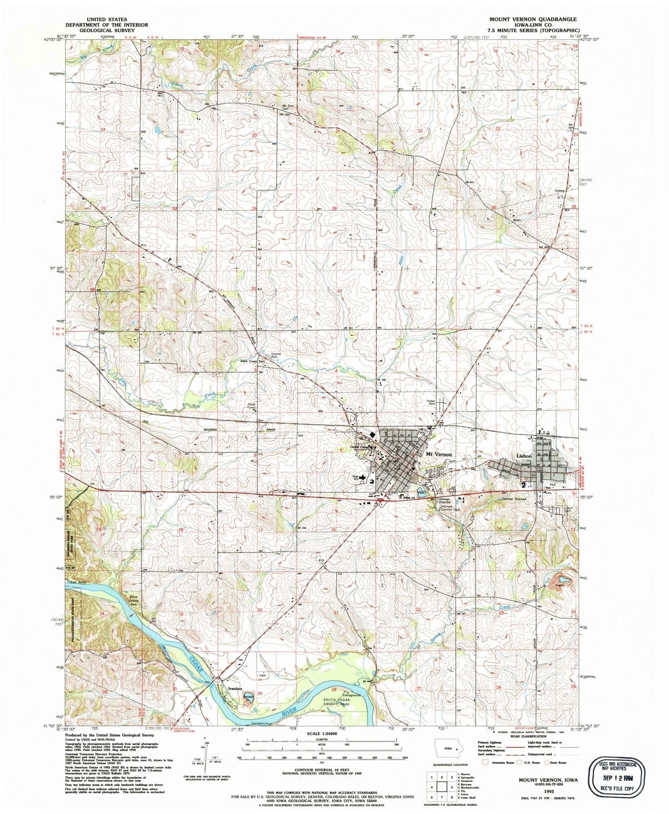 1993 Mount Vernon, IA - Iowa - USGS Topographic Map
