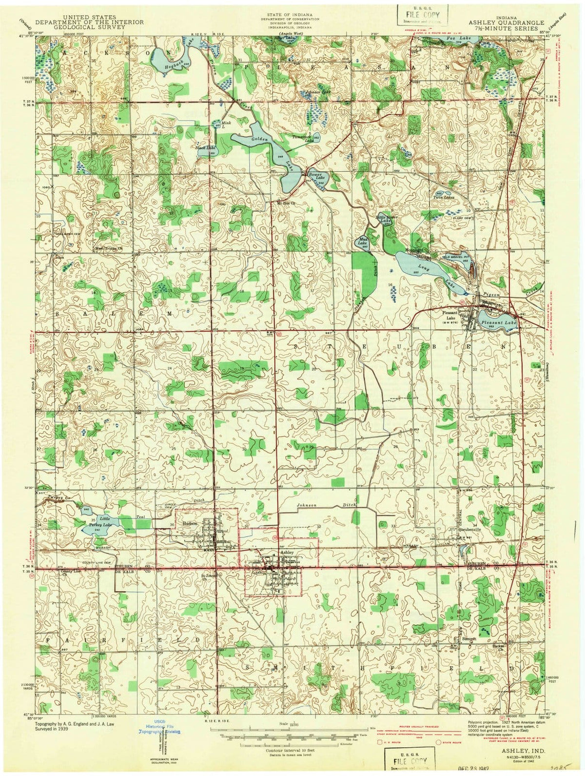 1942 Ashley, in - Indiana - USGS Topographic Map