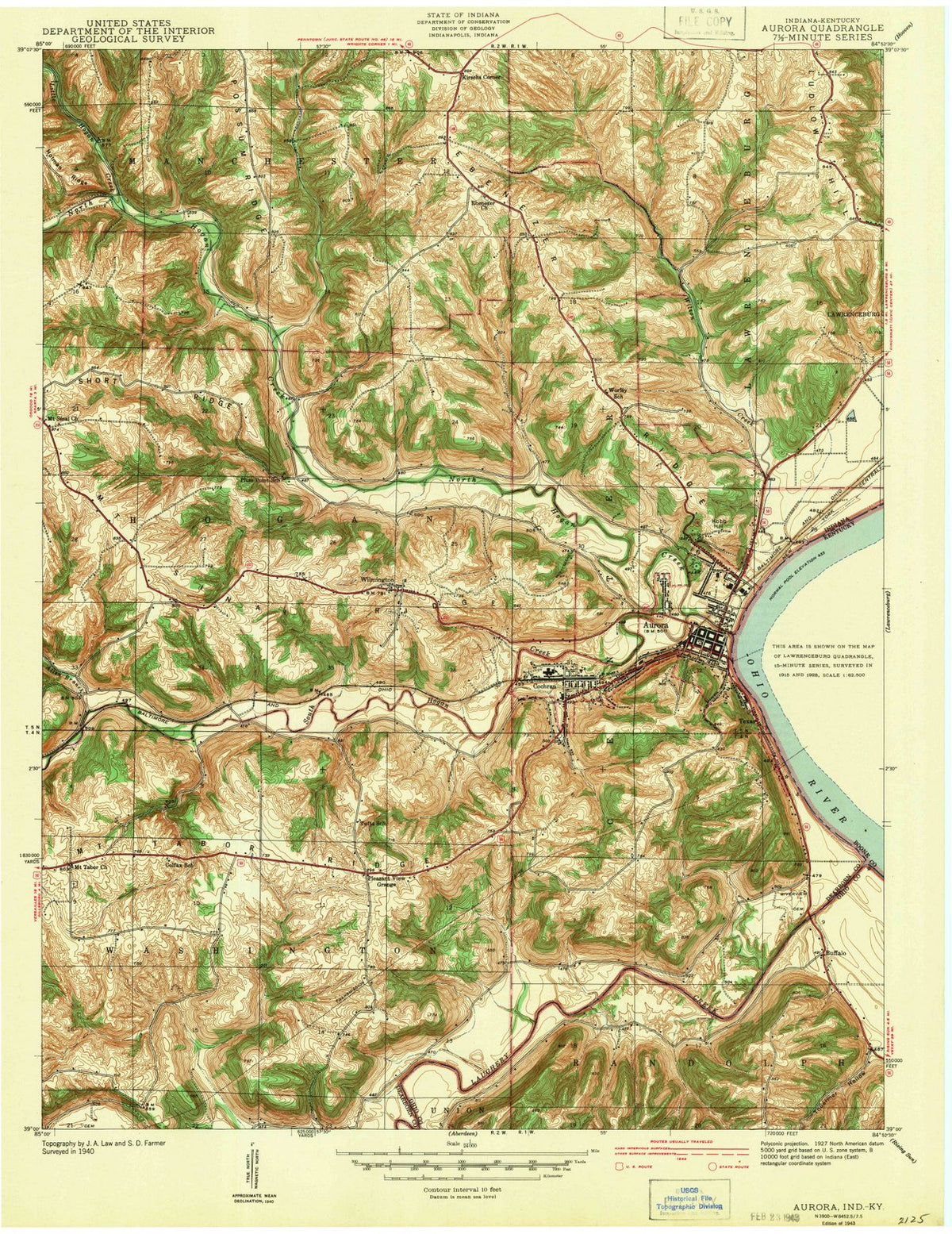 1943 Aurora, in - Indiana - USGS Topographic Map