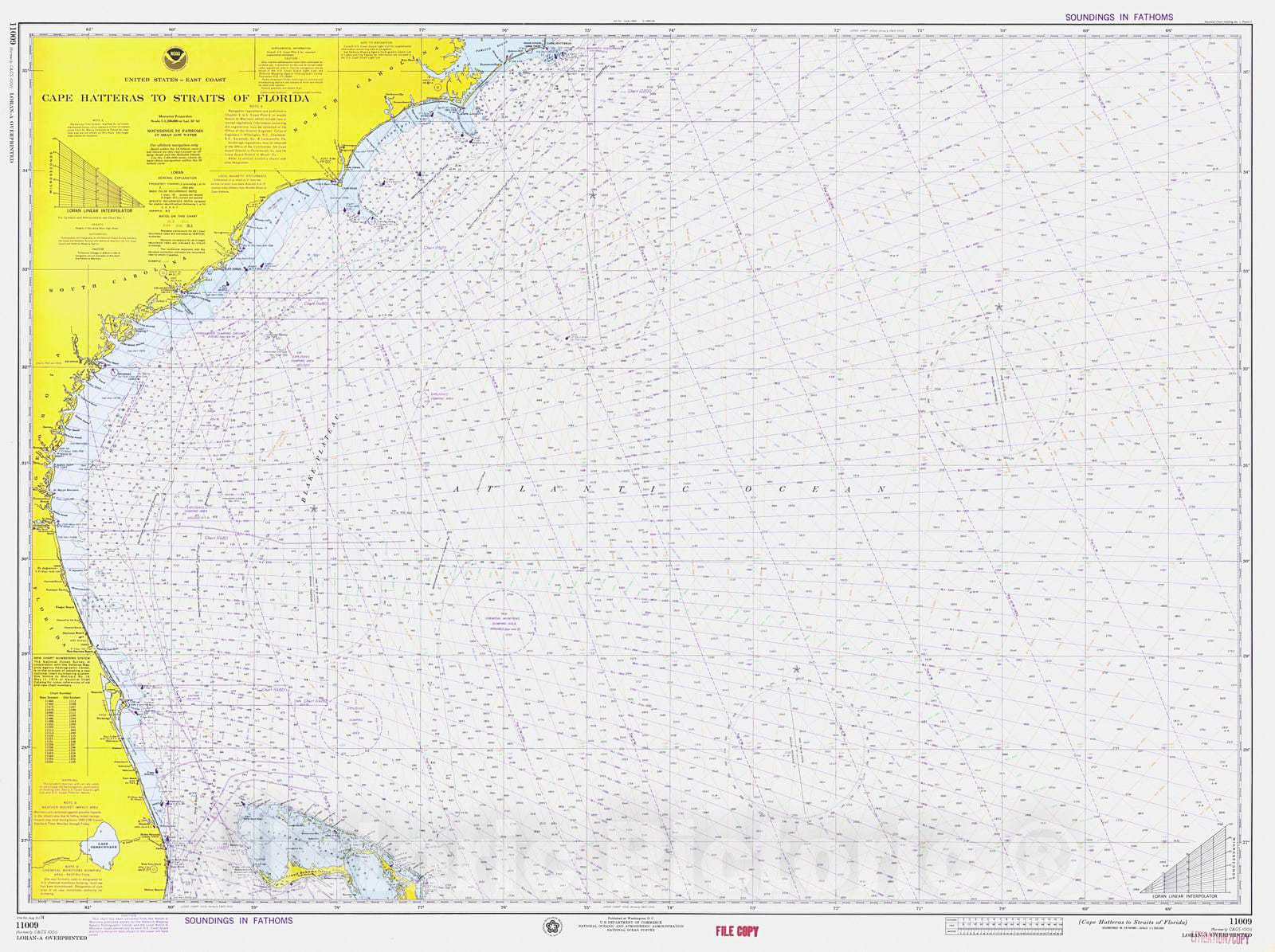 Historic Nautical Map - Cape Hatteras To Straits Of Florida, 1974 NOAA Chart - Georgia, North Carolina, South Carolina, Florida (GA, NC, SC, FL) - Vintage Wall Art