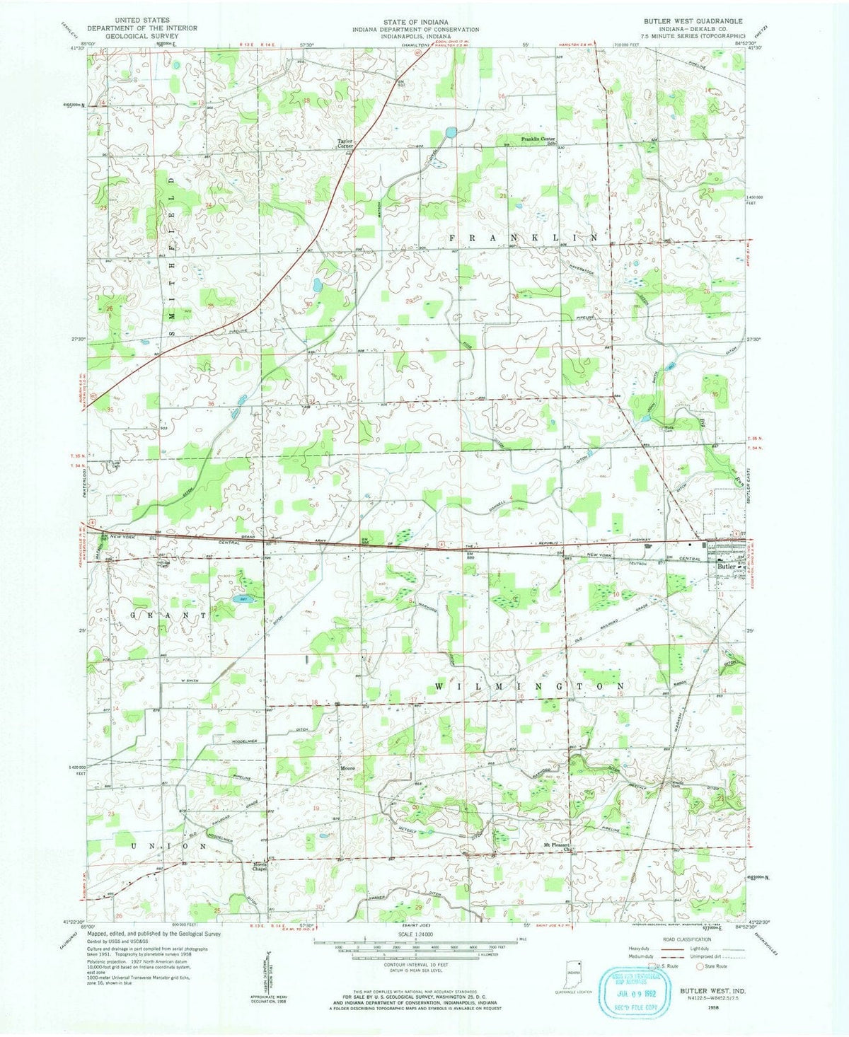 1958 Butler West, in - Indiana - USGS Topographic Map