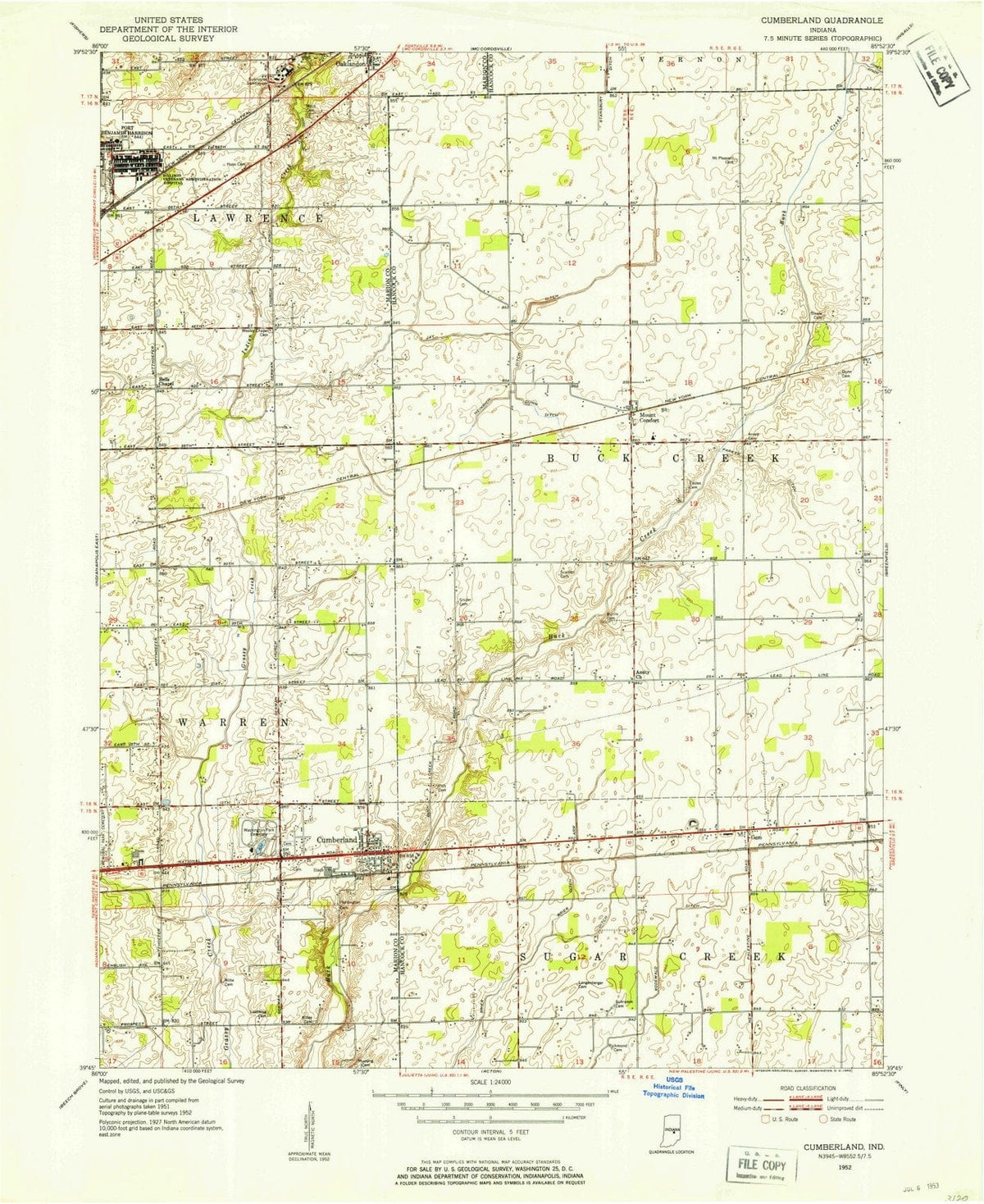 1952 Cumberland, in - Indiana - USGS Topographic Map