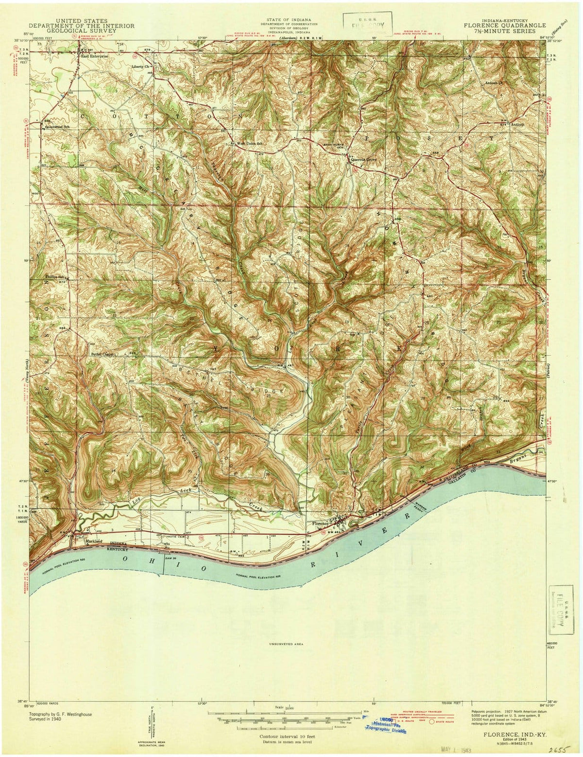 1943 Florence, in - Indiana - USGS Topographic Map