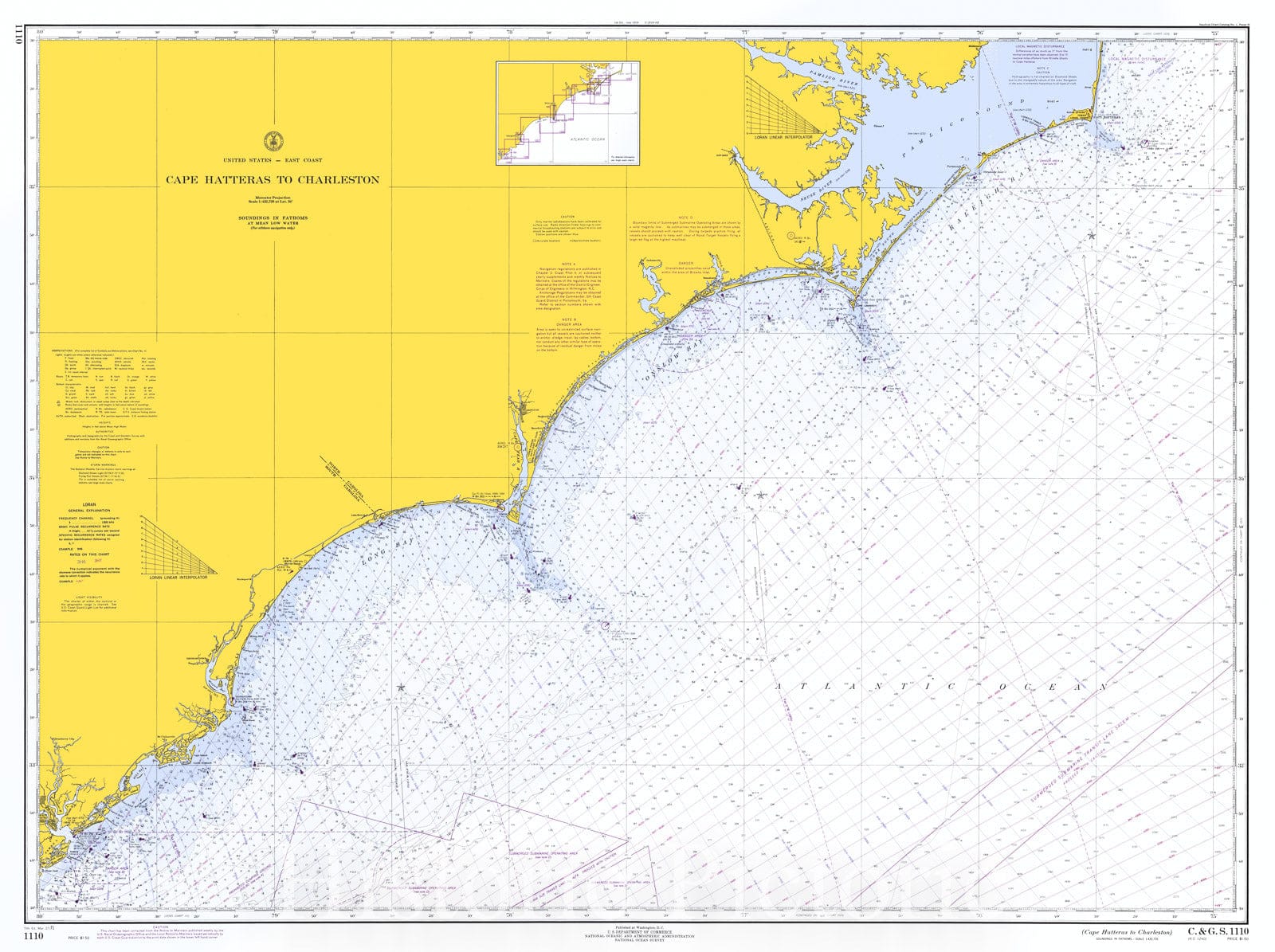 Historic Nautical Map - Cape Hatteras To Charleston, 1971 NOAA Chart - North Carolina, South Carolina (NC, SC) - Vintage Wall Art