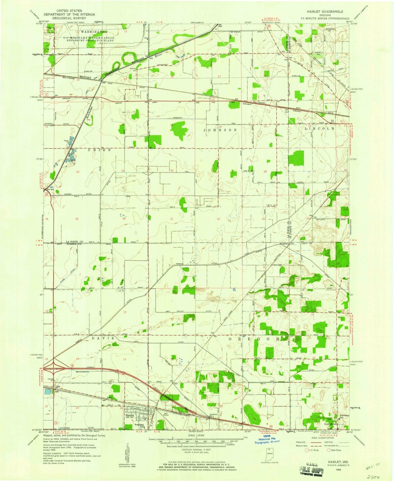 1958 Hamlet, in - Indiana - USGS Topographic Map