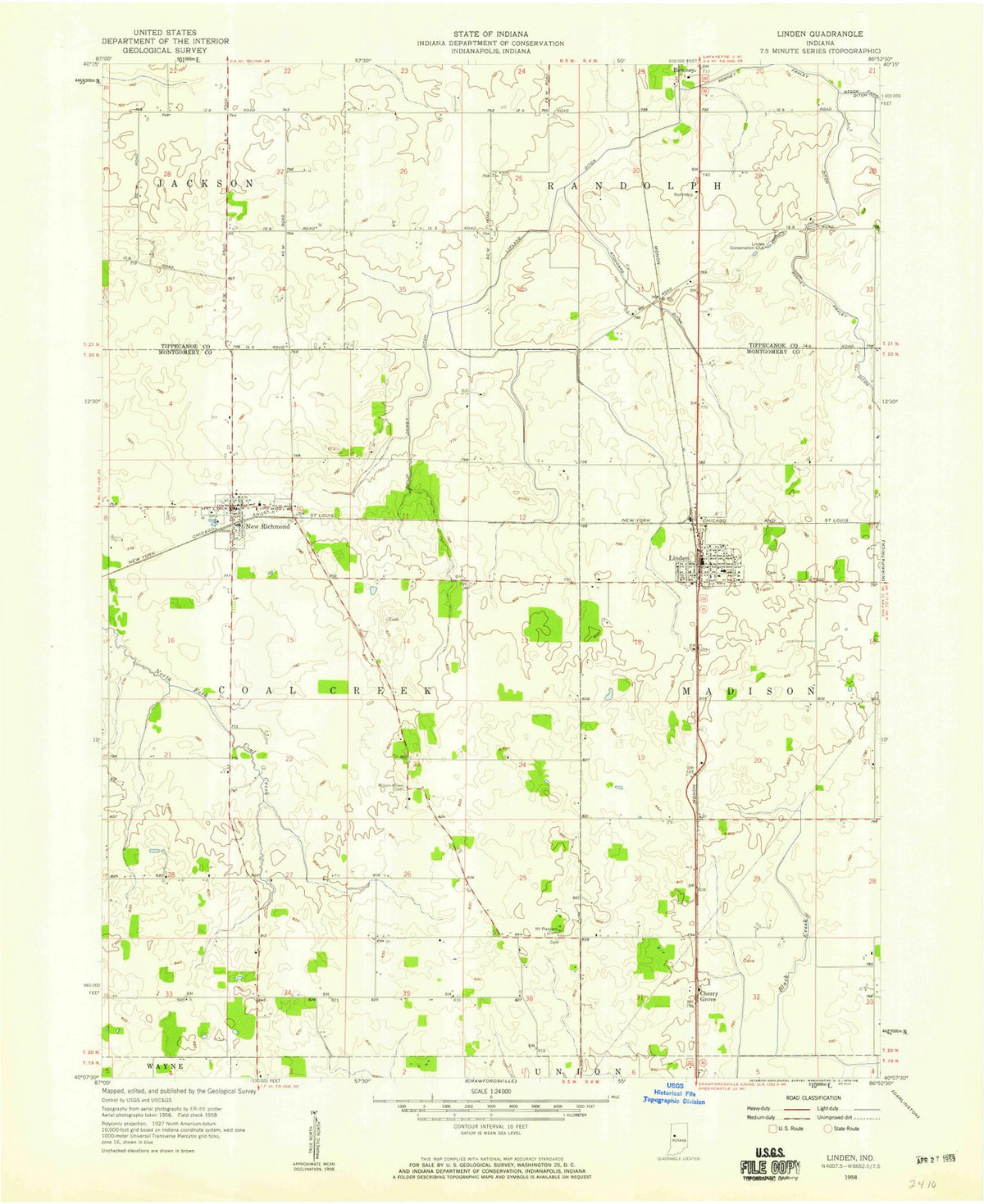1958 Linden, in - Indiana - USGS Topographic Map