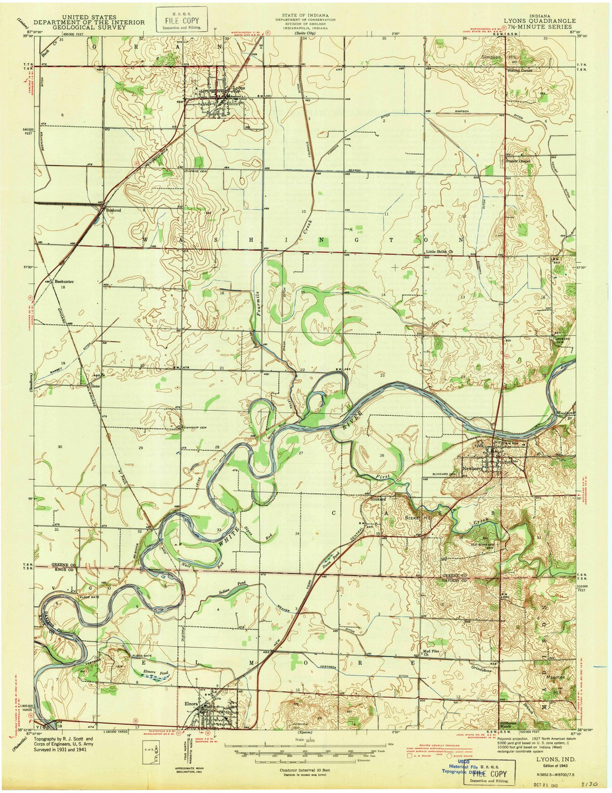 1943 Lyons, in - Indiana - USGS Topographic Map
