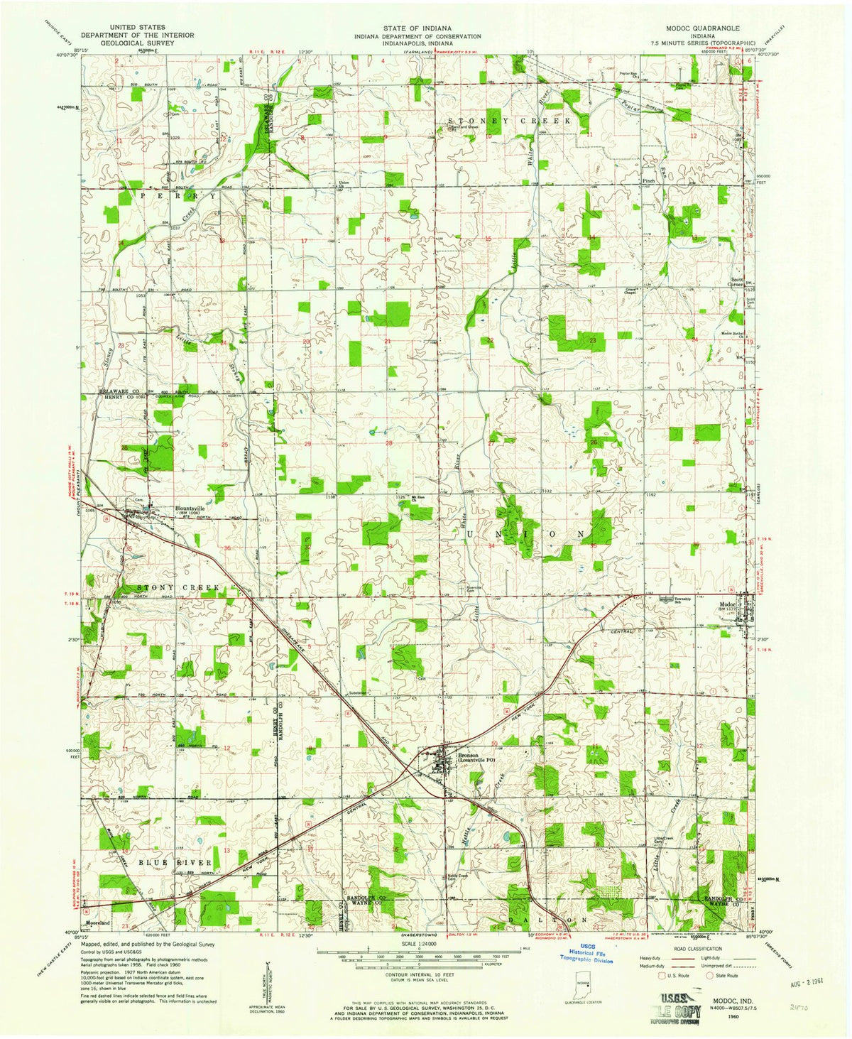 1960 Modoc, in - Indiana - USGS Topographic Map