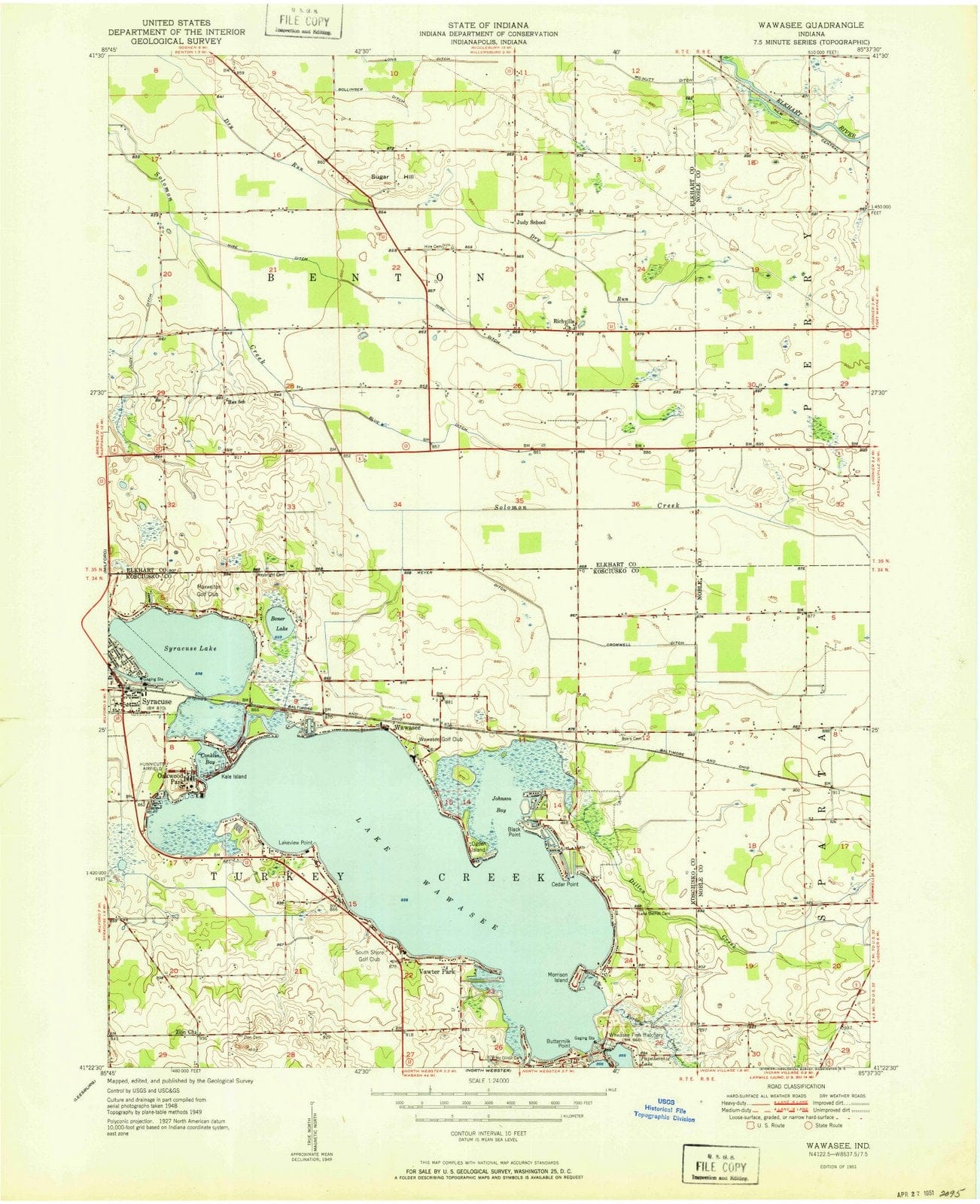 1951 Wawasee, in - Indiana - USGS Topographic Map
